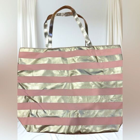 Macy’s Pink Gold Striped Tote Beach Bag - Picture 3 of 5